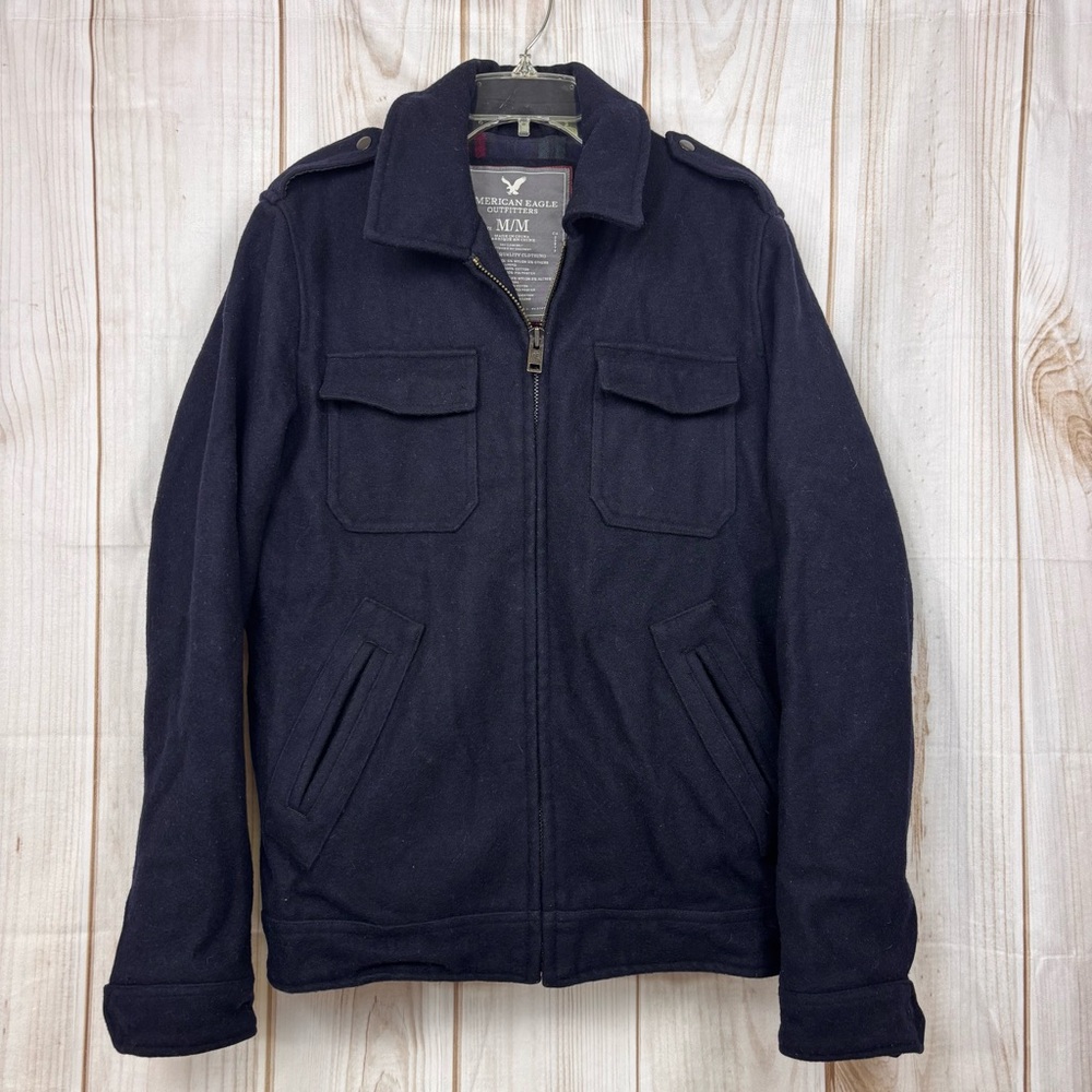 AE Outfitters Wool Blend Military Coat Plaid Lining Warm Dark Blue Size Medium